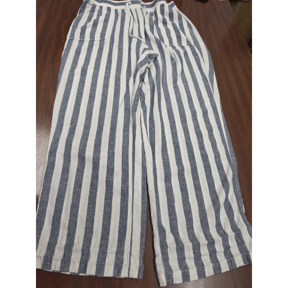 Womens Blue White Striped Linen Blend Pants Size 14/16W Pull On Drawstring Waist